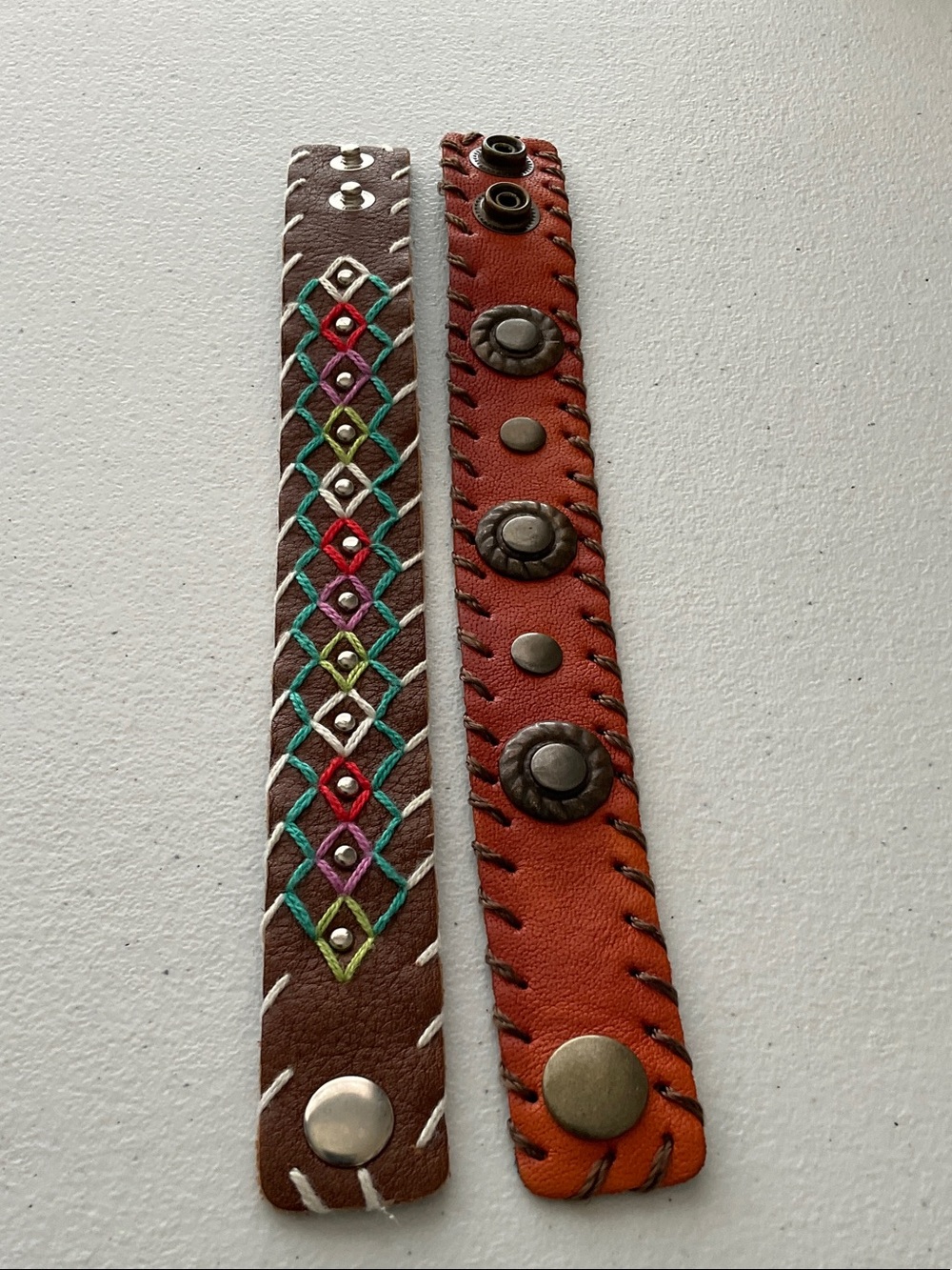 Embroidered Brown Leather Snap Bracelet & Burnt Orange Studded Leather Bracelet